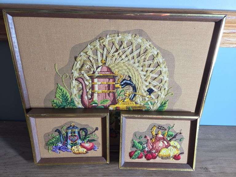 Framed Needlepoint Still Life Tea Pot Wall Art Set of 3 image