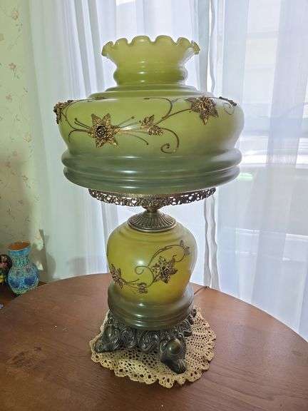 Green Glass Parlor Lamp with Floral Detail image
