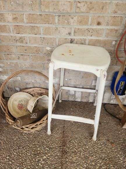 White Metal Stool with Basket and Kitchenware image