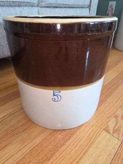 Brown and White Stoneware Crock - 5 Gallon image