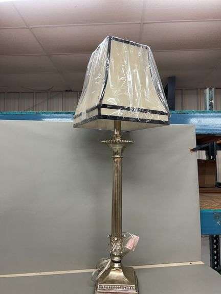 Decorative Silver-Tone Table Lamp with Square Shade image