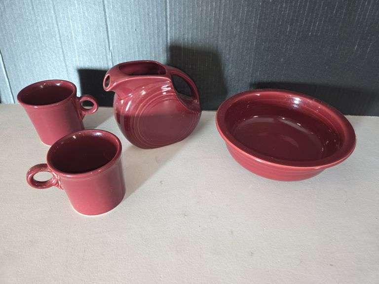 Fiesta Ware Maroon Pitcher, Serving Bowl, and Two Mugs Set image