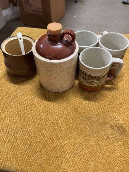 DECORATIVE COFFEE CUPS, OLD CERAMIC JUG, AND STONEWARE CREAMER BOWL image