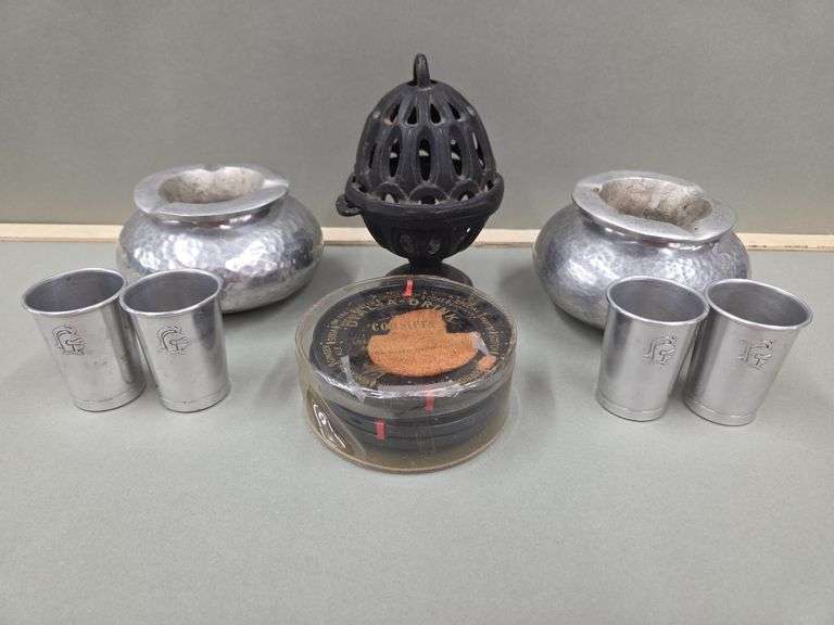 Hammered Aluminum Ashtrays, Marked Cups, Cast Iron Decor & Coasters image