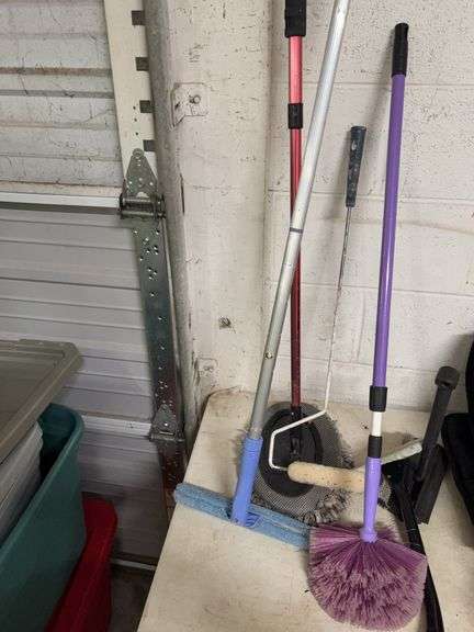 SIX CLEANING TOOLS.  MOP, DUSTER, CAR GLASS CLEANER, PAINT ROLLER image