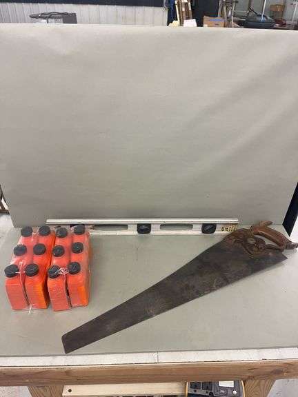 Hand Saw, Level and Bottle Lot image