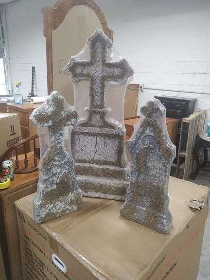 HOME DEPOT - SET OF 3 MOSSY HALLOWEEN TOMBSTONES - 37 INCHES TALL AND 24 INCHES TALL image