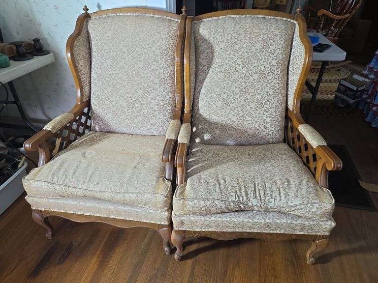 Pair of Wooden Frame High-Back Armchairs with Patterned Upholstery image