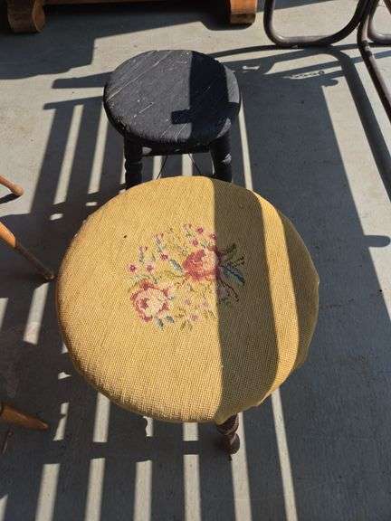 Pair of Stools: Floral Needlepoint & Black Wood image