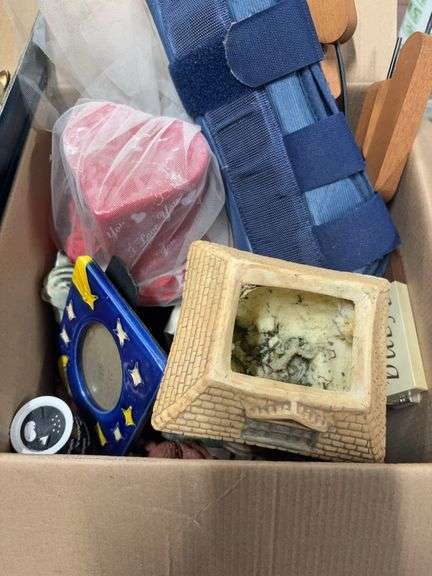 BOX OF MISC.  HEART CANDLE, LARGE GLASS PAPERWEIGHT, AND PICTURE FRAMES image