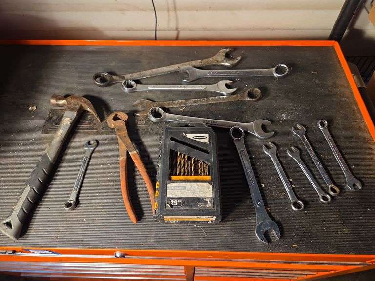 Assorted Hand Tools: Wrenches, Hammer, Pliers, and Drill Bit Set image
