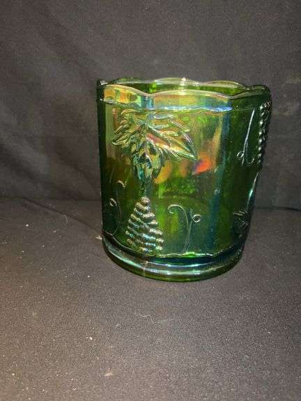 Green Iridescent Glass Vase with Grape Design and Group of Copper Mugs image