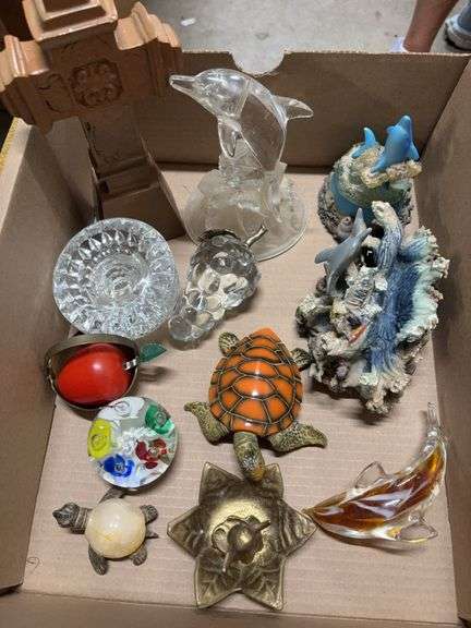 BOX WITH PAPER WEIGHT, TURTLES, DOLPHINS, CANDLE HOLDERS, WOODEN CROSS. image
