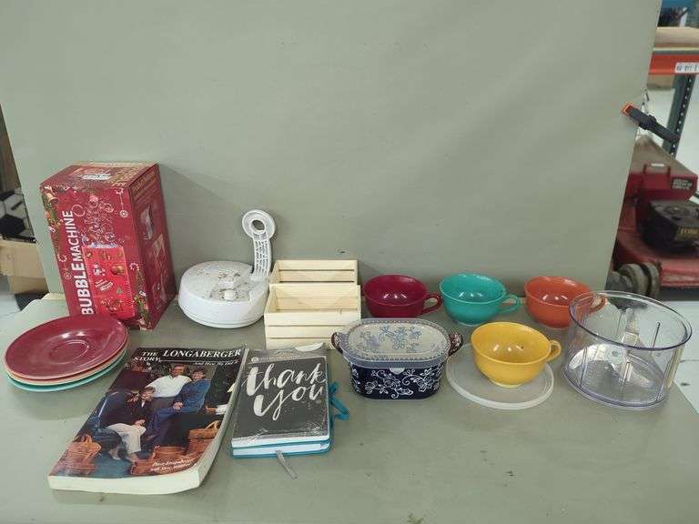 Mixed Household Items: Bowls, Book, Bubble Machine, and More image