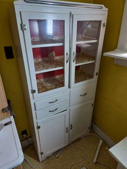 White Kitchen Hutch with Glass Doors and Drawers image