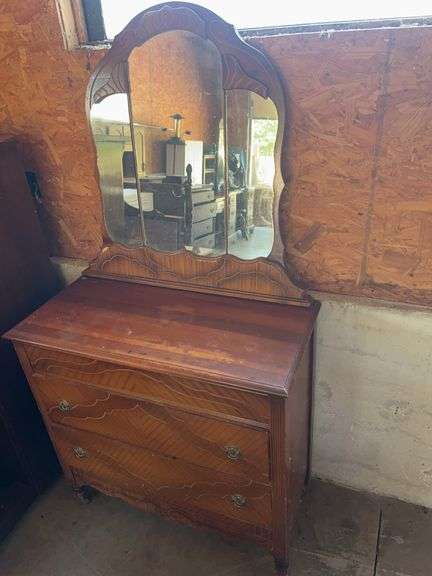 Wooden Dresser with Tri-Fold Mirror image