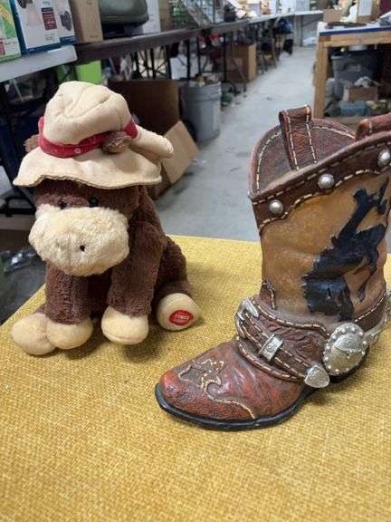 BOOT LAMP AND A STUFFED HORSE image
