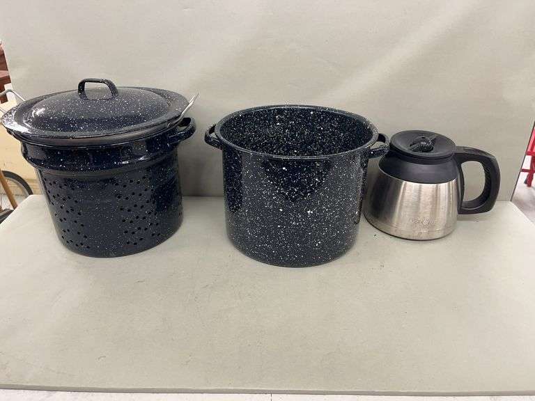 Enamelware Stock Pot Set with Coffee Carafe and Measuring Cups image