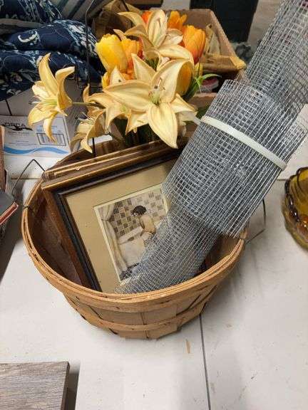 BASKET OF MISC, VASE AND FLOWERS AND PICTURES image