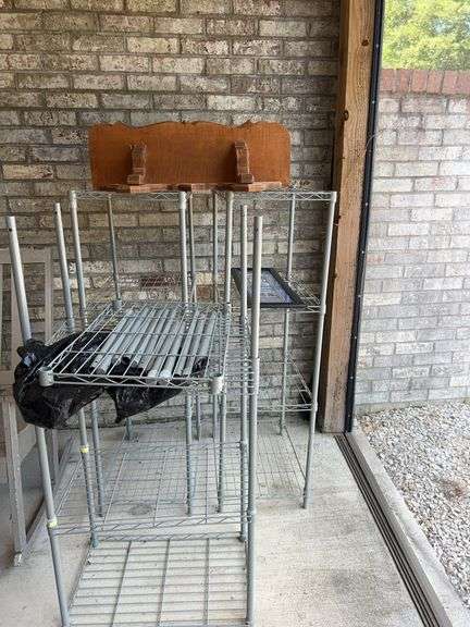 Metal Shelving Unit, Wooden Decorative Shelves and Framed Sign image