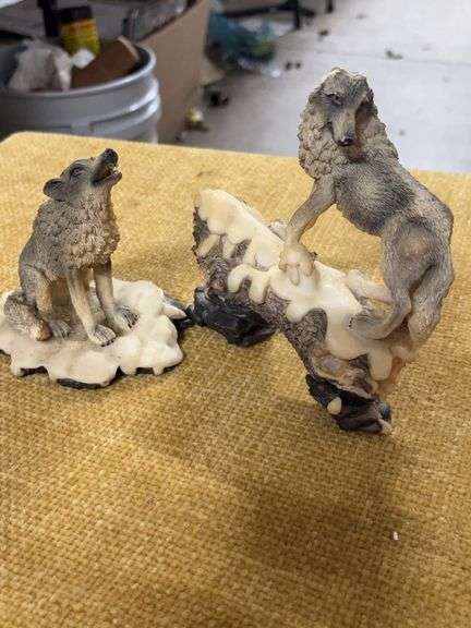 2 MATCHING WOLF STATUES.  ONE HAS BROKEN EAR image