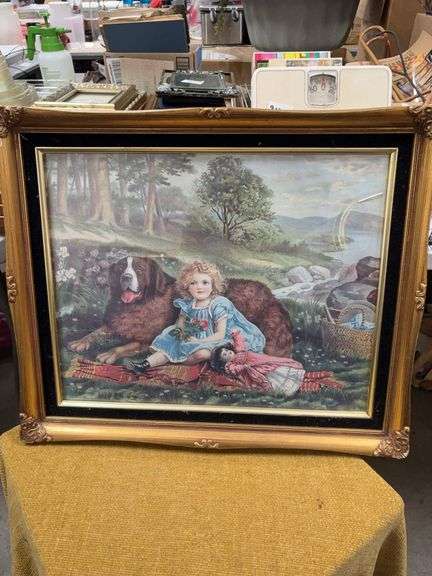 BEAUTIFUL CHILD WITH DOLL AND DOG PICTURE.  MINOR DAMAGE PLACES PICTURED image