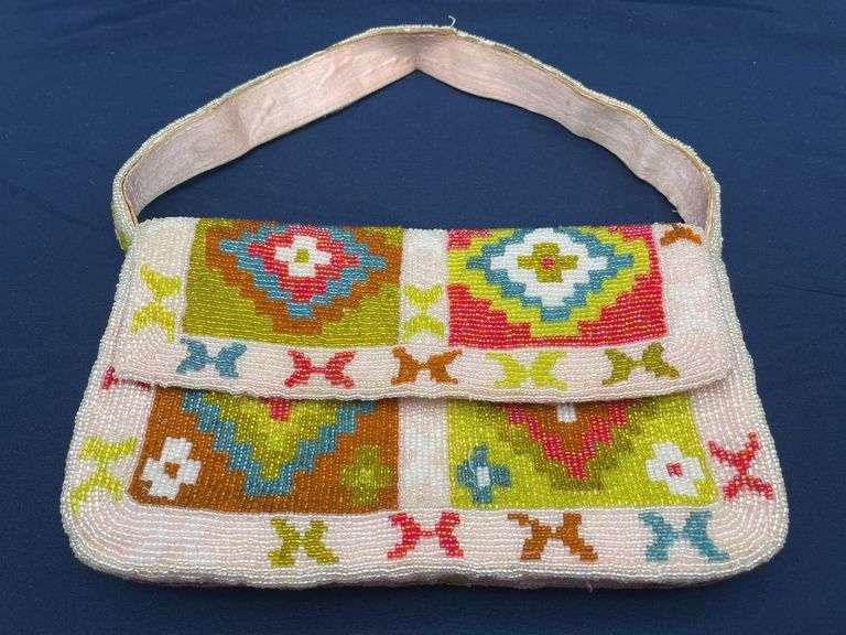 Vintage Style Beaded Handbag with Colorful Geometric Design image
