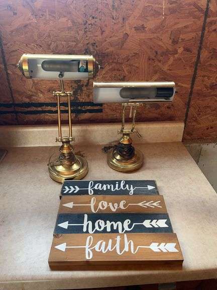 Two Brass Desk Lamps & Arrow Plaque Set image