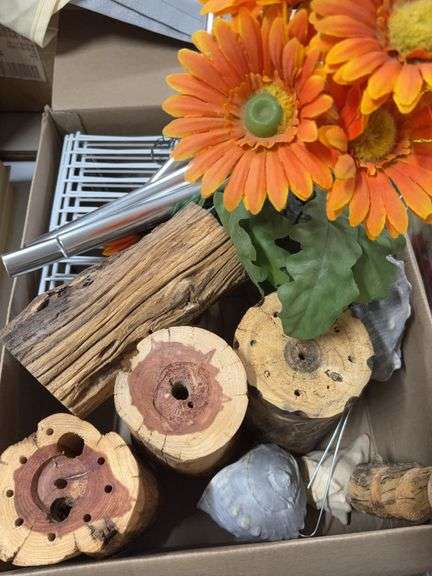 BOX OF WOOD PIECES, SEASHELLS, AND WINDCHIME. image