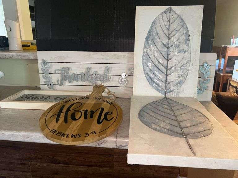 Home Decor: Welcome Home Sign, Thankful & Blessed Sign, Leaf Print Art, Grateful Heart Sign image
