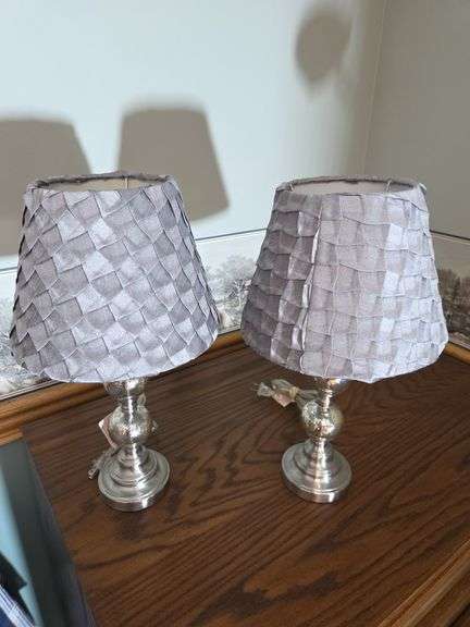 Pair of Silver Tone Table Lamps with Gray Shades image