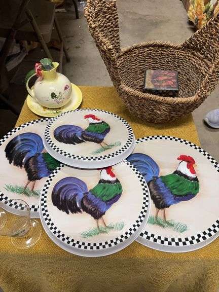 CHICKEN BASKET WITH ROOSTER GLASSES AND DECORATIVE ROOSTER PLATE AND TEA POT.  FOUR STOVE TOP COVERS.  ROOSTER THEMED image