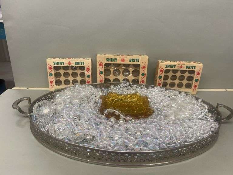 Shiny Brite Ornaments, Bohemia Crystal Salt Cellars, Amber Glass Dish, and Beads image