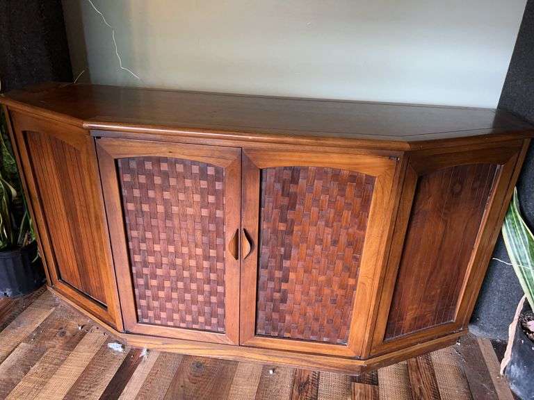 Wooden Corner Cabinet with Woven Detail image