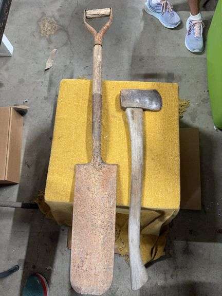 OLD SPADE SHOVEL AND AXE image
