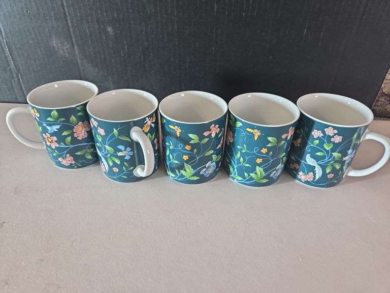 Set of 5 Made in Japan Floral Bird Design Coffee Mugs image