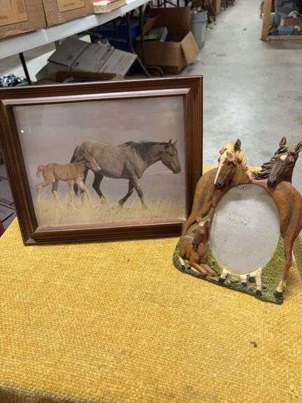 HORSE PICTURE AND A HORSE PICTURE FRAME.  ONE OF THE EARS ON ONE OF THE HORSES ON FRAME IS BROKEN image