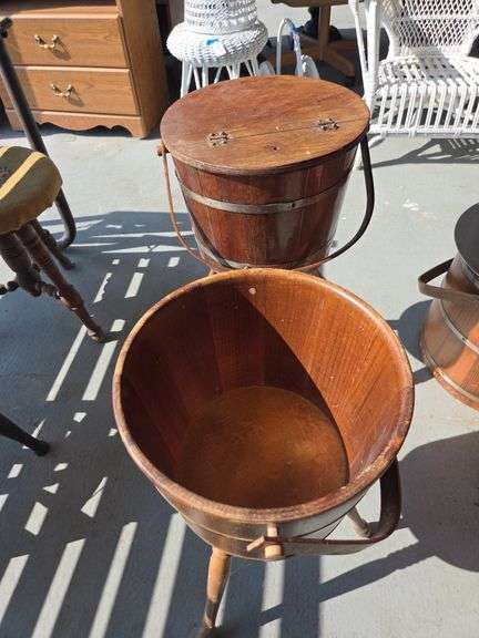 Pair of Wooden Storage Buckets on Stands image