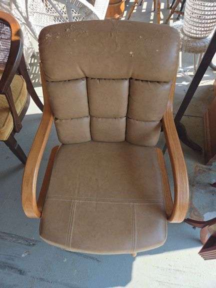 Upholstered Swivel Desk Chair with Wooden Arms and Base image