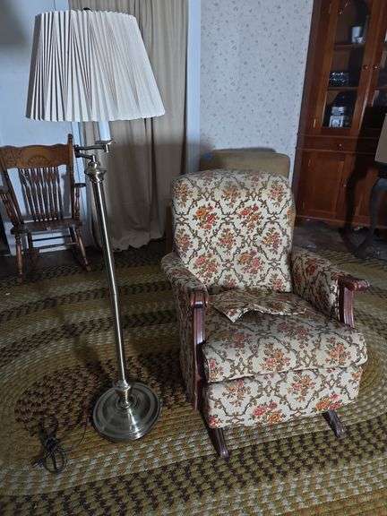 Floral Upholstered Rocking Chair and Brass Floor Lamp image