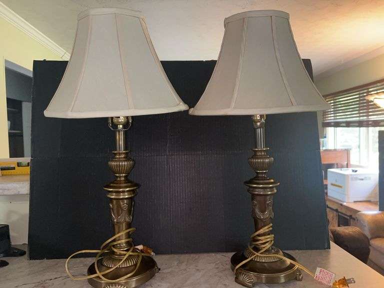 Pair of Decorative Brass Table Lamps with Shades image