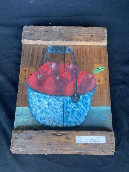 Folk Art Wood Wall Plaque - Blue Kettle and Apples image
