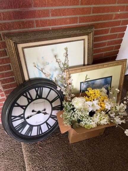 Wall Clock, Framed Art, and Floral Arrangement image