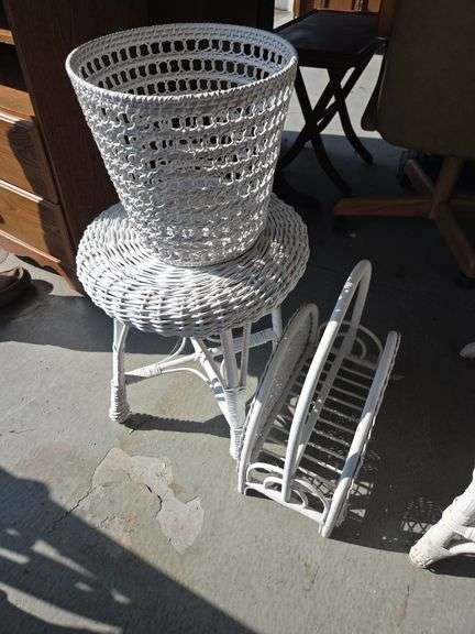 White Wicker Magazine Rack, Trash Can, and Accent Table Set image
