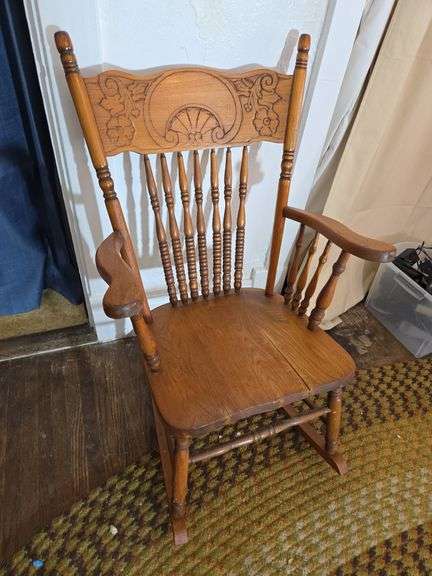 Wooden Spindle Rocking Chair with Carved Details image