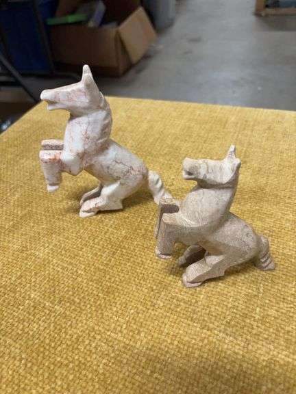 TWO CARVED MARBLE HORSES  ONE HAS LEG THAT HAS BEEN BROKEN AND FIXED image
