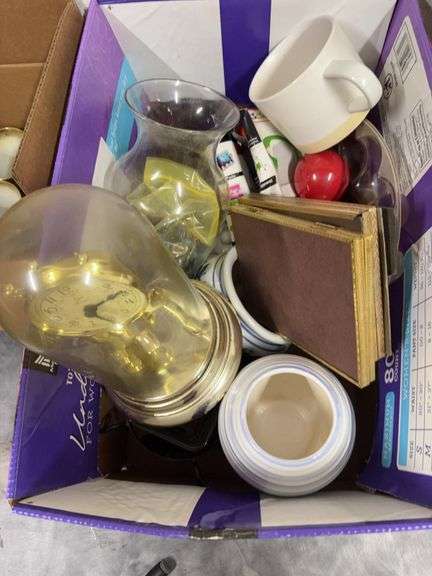 BOX OF MISC.  PICTURE FRAMES, VASES, ELGIN QUARTS CLOCK, AND COLORED LIGHT BULBS image
