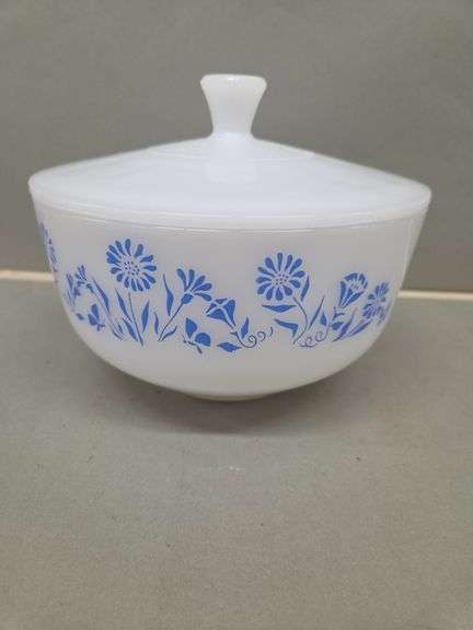 Pyrex Milk Glass Covered Bowl with Blue Floral Pattern image
