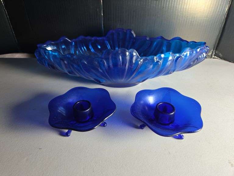 Blue Glass Centerpiece Bowl with Candle Holders image