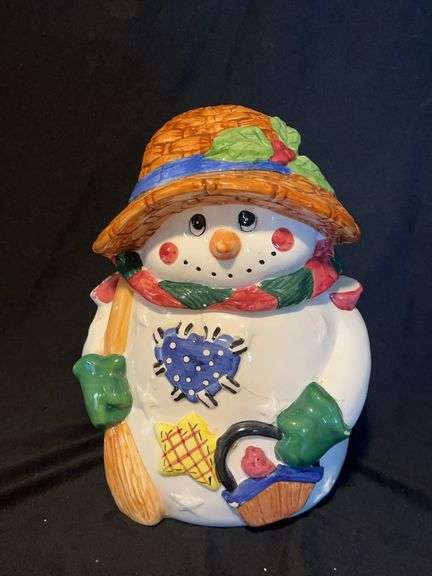 Snowman Ceramic Cookie Jar with Straw Hat image